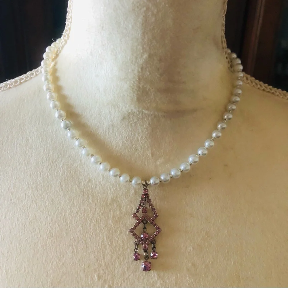 Handcrafted repurpose elegant pink chandelier pendant Czech glass Pearl necklace